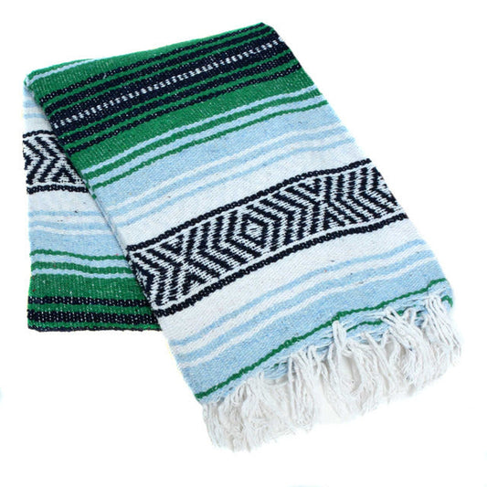 Mexican Blankets Kelly Green, Light Blue, and White La Montana Mexican Blanket