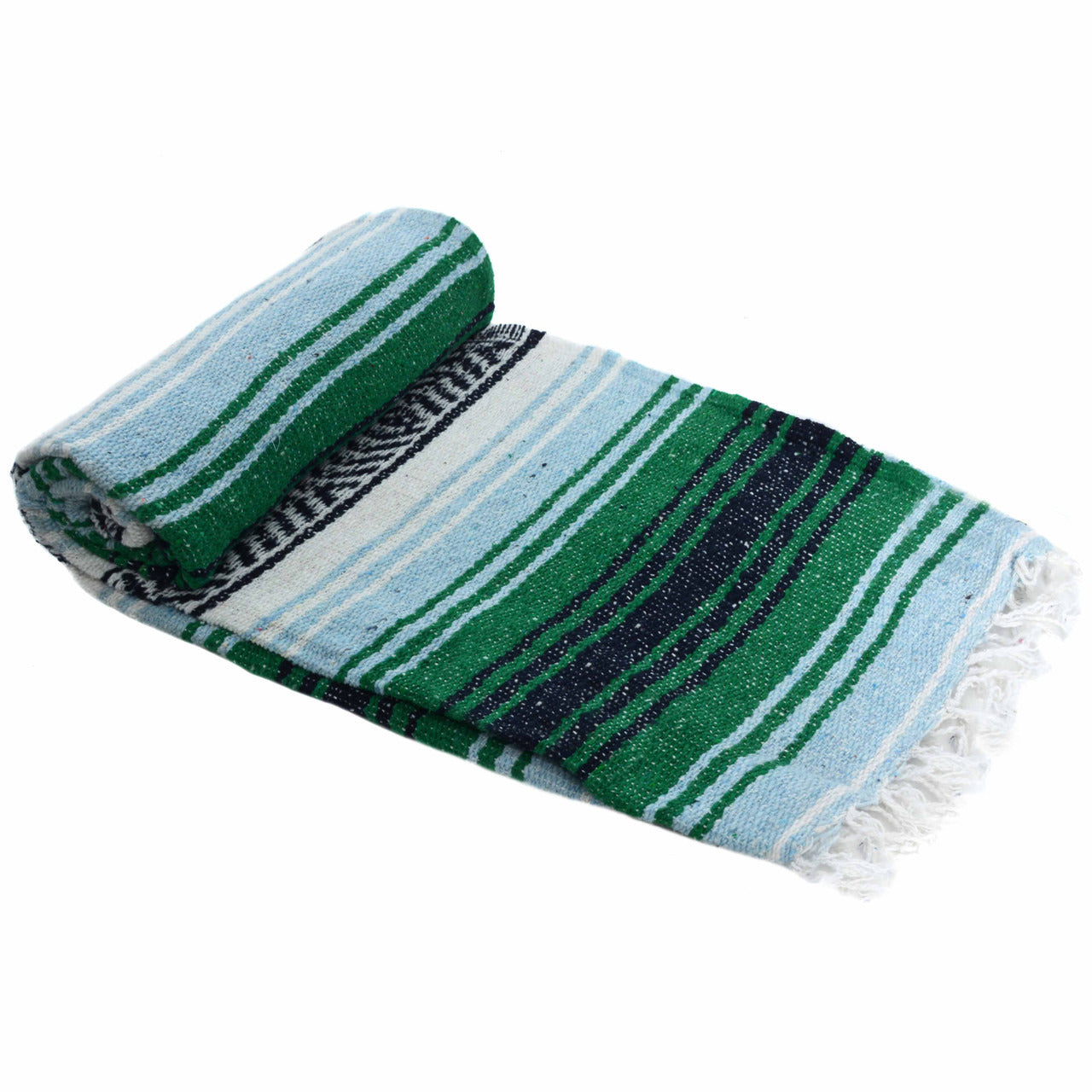 Mexican Blankets Kelly Green, Light Blue, and White La Montana Mexican Blanket