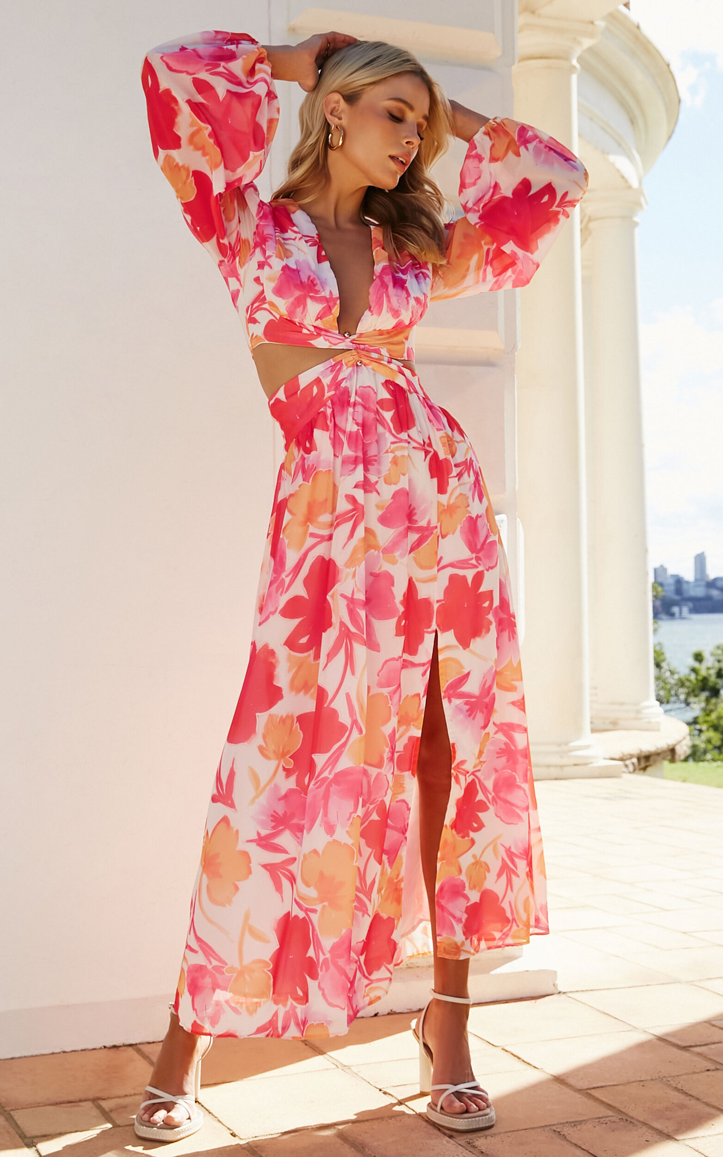 Showpo Emilee Midi Dress - Side Cut Out Long Sleeve Plunge Dress in Pink Floral