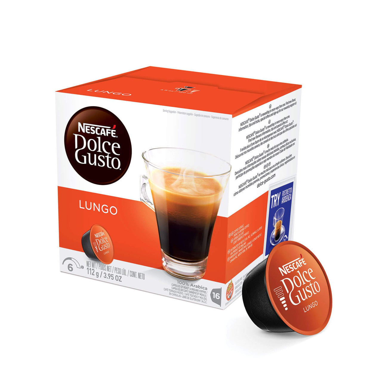 Pampa Direct Nescafé Dolce Gusto Lungo Café Tostado Molido En Cápsulas Coffee Capsules 100% Arabic, 7 g / 0.2 oz each (box of 16)