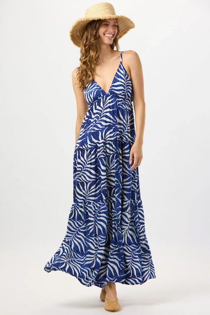 Tiare Hawaii Micah Maxi Dress - Batik Swaying Palms Navy