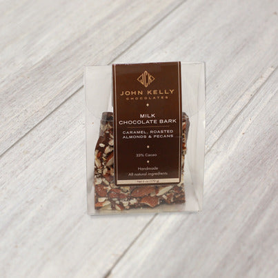 John Kelly Chocolates Milk Chocolate Bark with Caramel, Roasted Almonds and Pecans