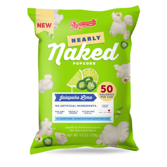 Popcornopolis Nearly Naked Jalapeno Lime Popcorn 4.5 oz Bag.