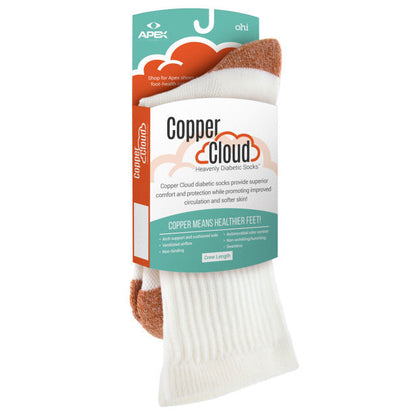 Apexfoot Non-Binding Copper Cloud Diabetic Socks - Crew Length Unisex White (3 pk)