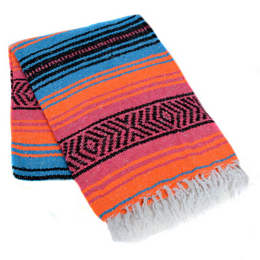 Mexican Blankets Turquoise Blue, Coral, and Orange La Montana Mexican Blanket