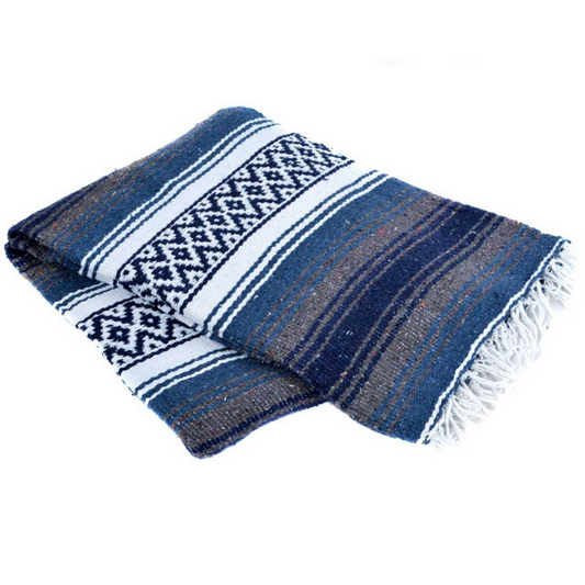 Mexican Blankets Slate Blue, Charcoal, and White Heavyweight Mexican Blanket by La Montana