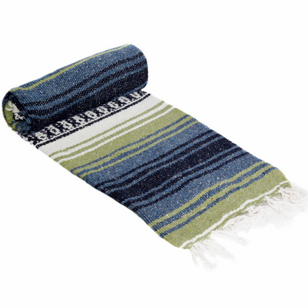 Mexican Blankets Light Olive, Slate Blue, and White La Montana Mexican Blanket