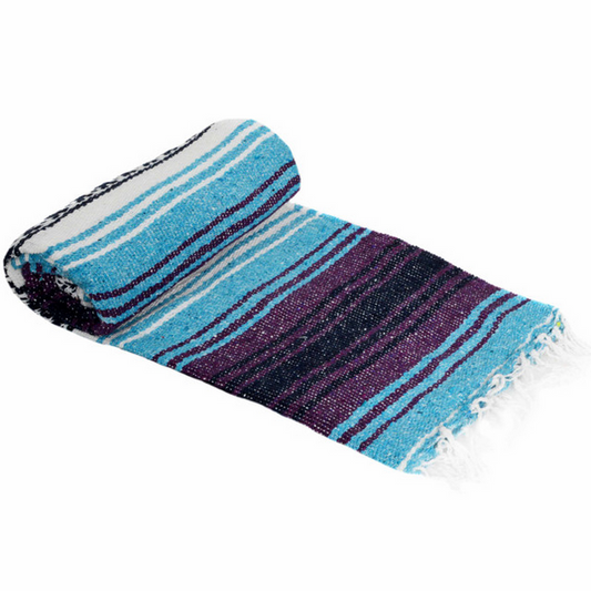 Mexican Blankets Turquoise Blue, Dark Purple, and White La Montana Mexican Blanket