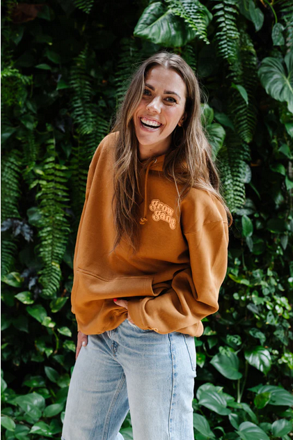 Happy Happy Houseplant Women's Grow Gang Puff Print Hoodie in Camel + Electric Peach