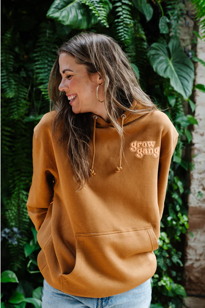 Happy Happy Houseplant Women's Grow Gang Puff Print Hoodie in Camel + Electric Peach