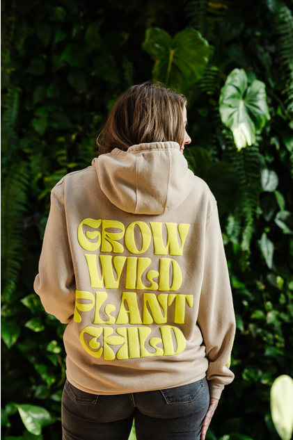 Happy Happy Houseplant Women's Grow Wild Puff Print Hoodie in Mushroom + Fluorescent Yellow