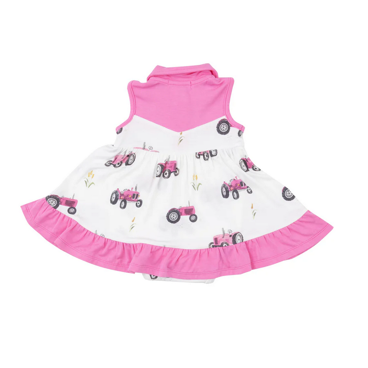 Angel Dear Kid's Cowgirl Bodysuit Dress - Pink Tractors