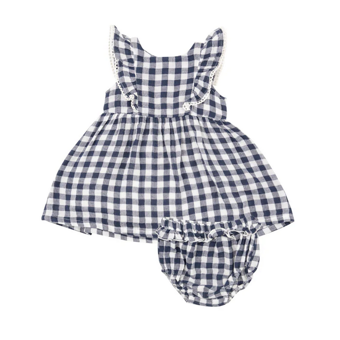 Angel Dear Kid's Ruffle Dress + Diaper Cover - Gingham Navy