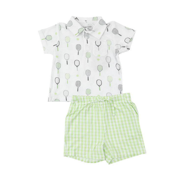 Angel Dear Kid's Polo Shirt & Short Set - Mini Green Gingham