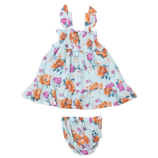 Angel Dear Kid's Smocked Ruffle Sundress & Diaper Cover - Soft Petals Floral