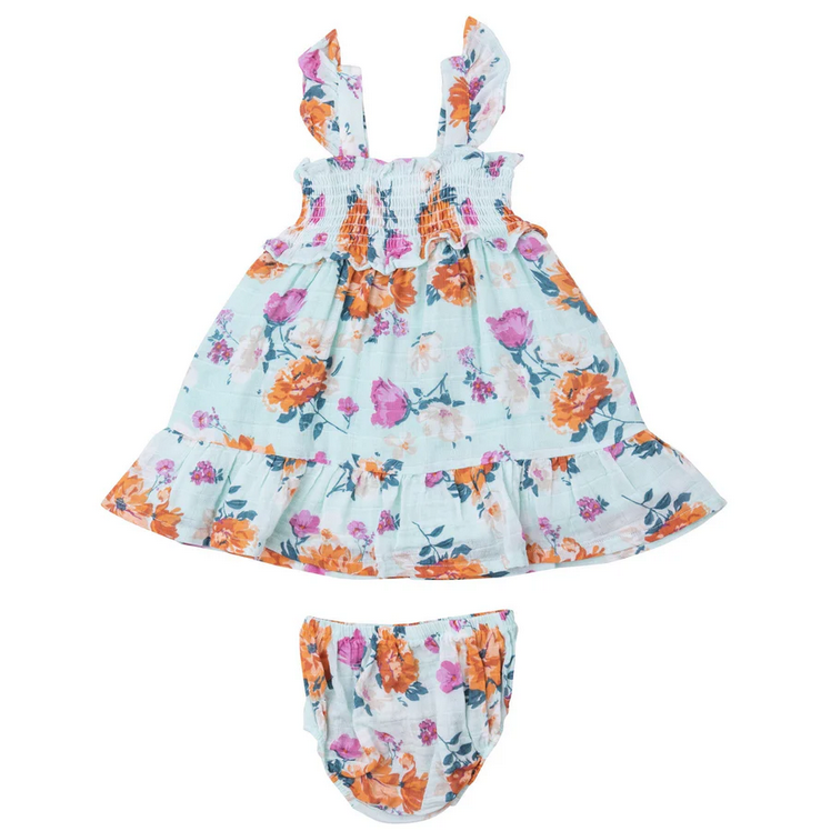 Angel Dear Kid's Smocked Ruffle Sundress & Diaper Cover - Soft Petals Floral