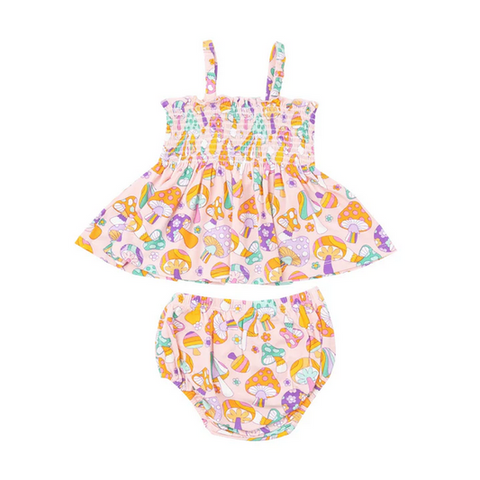 Angel Dear Kid's Smocked Top & Bloomer - Flower Power Mushrooms