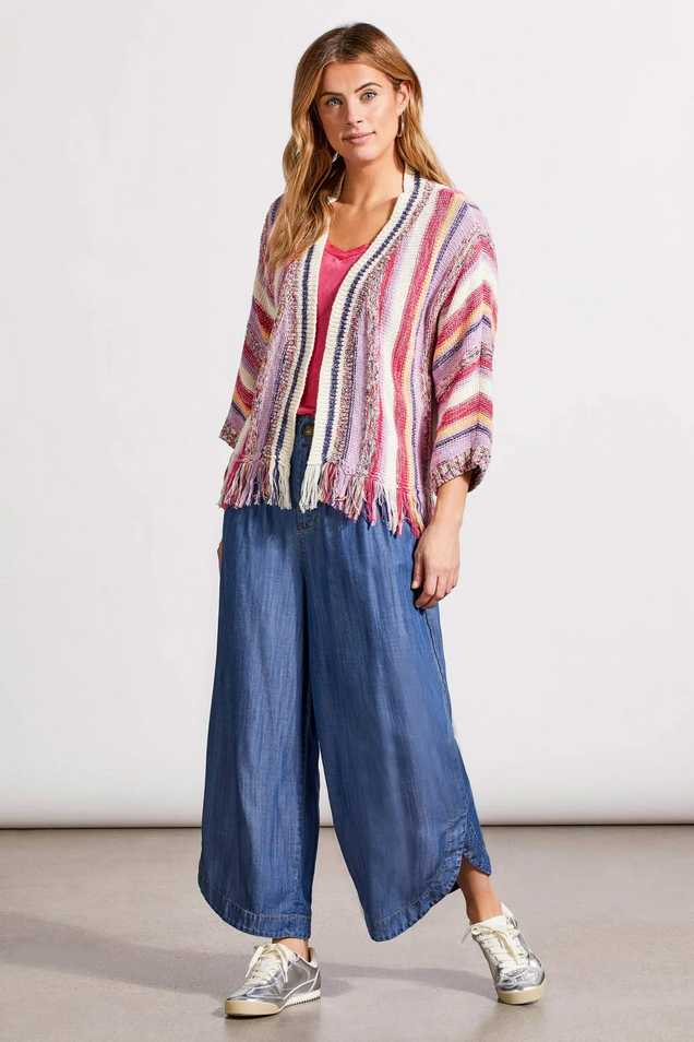 Tribal Women's Fringed Hem Cardigan With Three-Quarter Sleeves