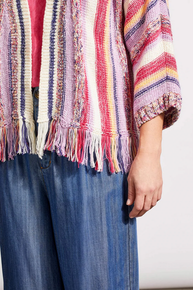 Tribal Women's Fringed Hem Cardigan With Three-Quarter Sleeves