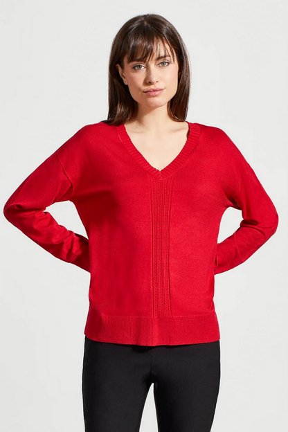 Tribal Women's Long Sleeve V-Neck Sweater With Cable Knit Detail