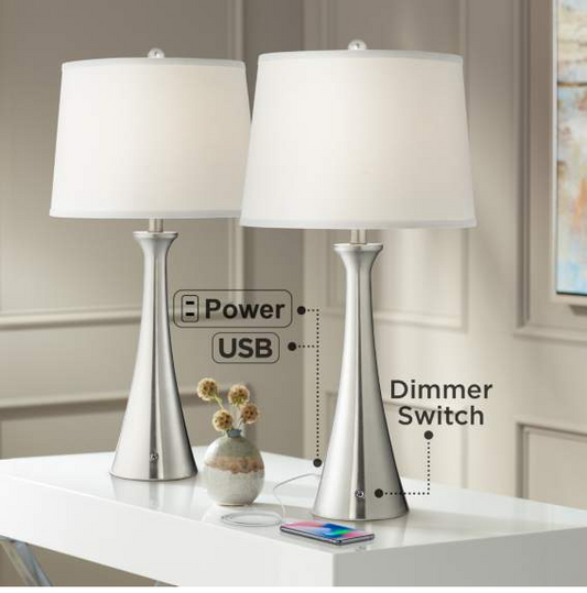 Lamps Plus 360 Lighting Karl Brushed Nickel USB Lamps Set of 2 with Full Range Dimmers