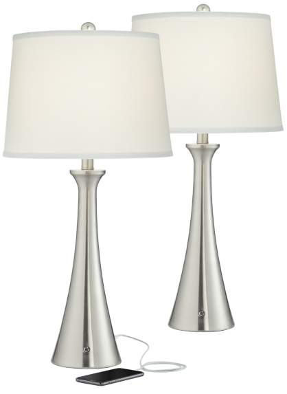 Lamps Plus 360 Lighting Karl Brushed Nickel USB Lamps Set of 2 with Full Range Dimmers