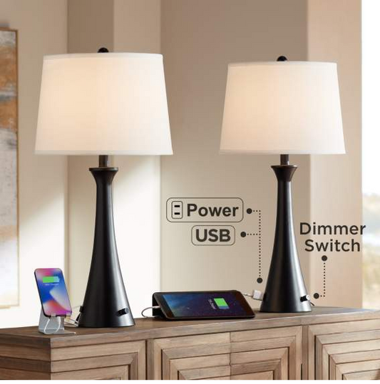 Lamps Plus 360 Lighting Karl 28 1/4" Black Finish Outlet-USB Table Lamps Set of 2