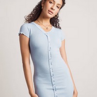 Tobi Women's Nanae Ribbed Button Up Mini Dress - Blue