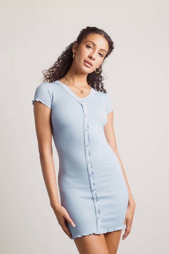 Tobi Women's Nanae Ribbed Button Up Mini Dress - Blue