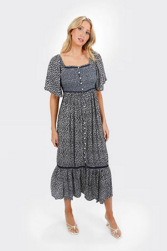 Tobi Women's Maeve Smocked Buttoned Midi Dress