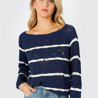 Tobi Women's College Ruled Distressed Sweater - Navy & Ivory