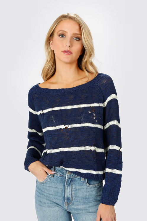 Tobi Women's College Ruled Distressed Sweater - Navy & Ivory