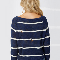 Tobi Women's College Ruled Distressed Sweater - Navy & Ivory