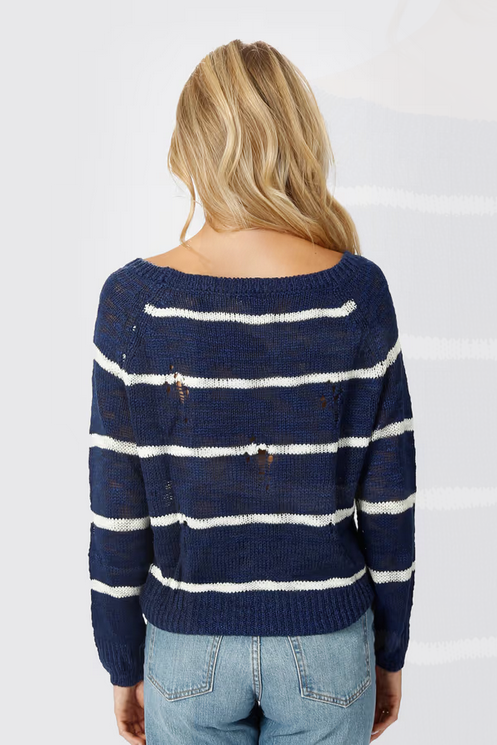 Tobi Women's College Ruled Distressed Sweater - Navy & Ivory