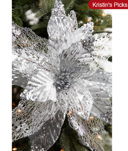 Decorator's Warehouse 22” x 14" Velvet Sheer Poinsettia Stem - Silver