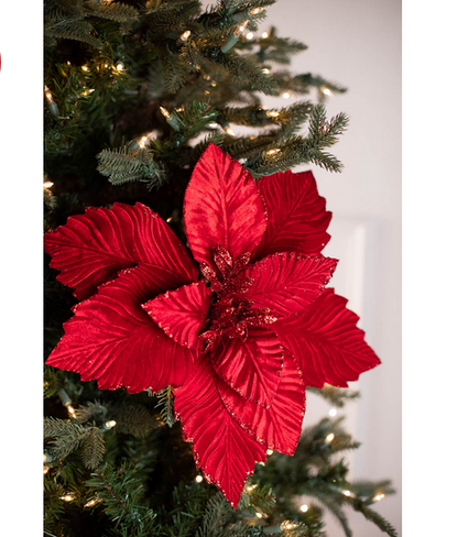 Decorator's Warehouse 24” x 17" Red Velvet Glitter LUX Poinsettia Stem