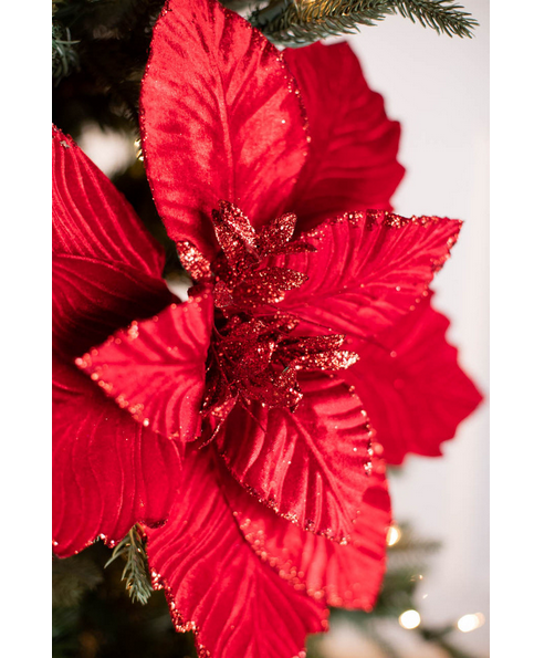 Decorator's Warehouse 24” x 17" Red Velvet Glitter LUX Poinsettia Stem