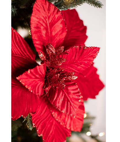 Decorator's Warehouse 24” x 17" Red Velvet Glitter LUX Poinsettia Stem