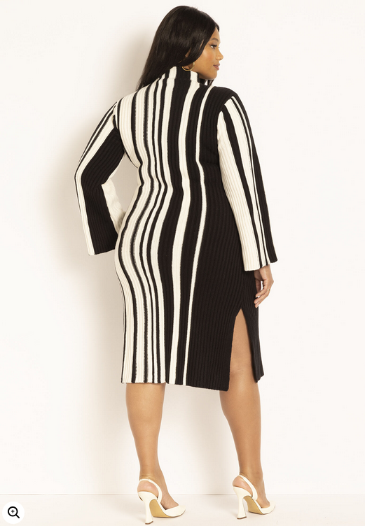 ELOQUII Women's Striped Sweater Dress - Black Onyx And Sugar Swizzle