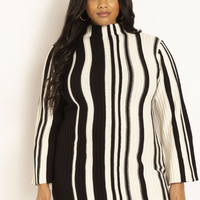 ELOQUII Women's Striped Sweater Dress - Black Onyx And Sugar Swizzle