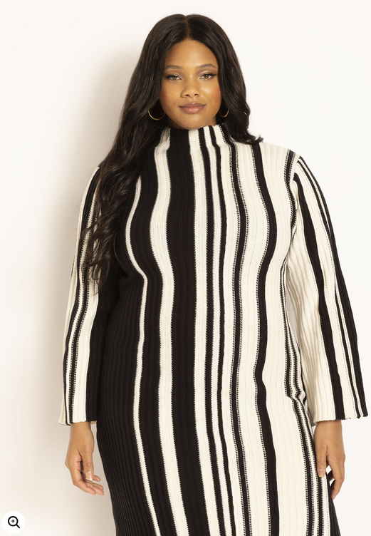 ELOQUII Women's Striped Sweater Dress - Black Onyx And Sugar Swizzle