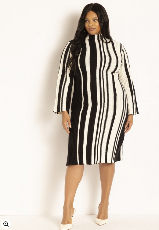 ELOQUII Women's Striped Sweater Dress - Black Onyx And Sugar Swizzle