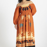 ELOQUII Women's Printed Puff Sleeve Fringe Maxi