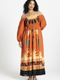 ELOQUII Women's Printed Puff Sleeve Fringe Maxi