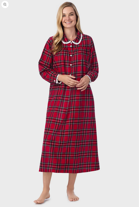 Lanz of Salzburg Women's Red Tartan Peter Pan Flannel Gown