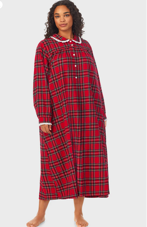 Lanz of Salzburg Women's Red Tartan Peter Pan Flannel Gown Plus