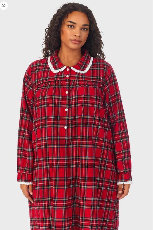 Lanz of Salzburg Women's Red Tartan Peter Pan Flannel Gown Plus