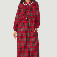 Lanz of Salzburg Women's Red Tartan Peter Pan Flannel Gown Petite