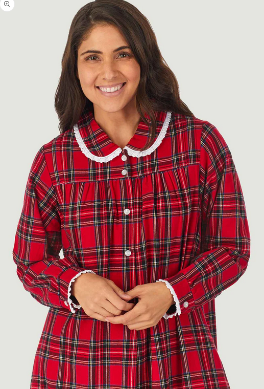 Lanz of Salzburg Women's Red Tartan Peter Pan Flannel Gown Petite