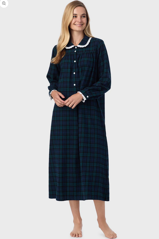 Lanz of Salzburg Women's Black Watch Peterpan Plaid Flannel Gown